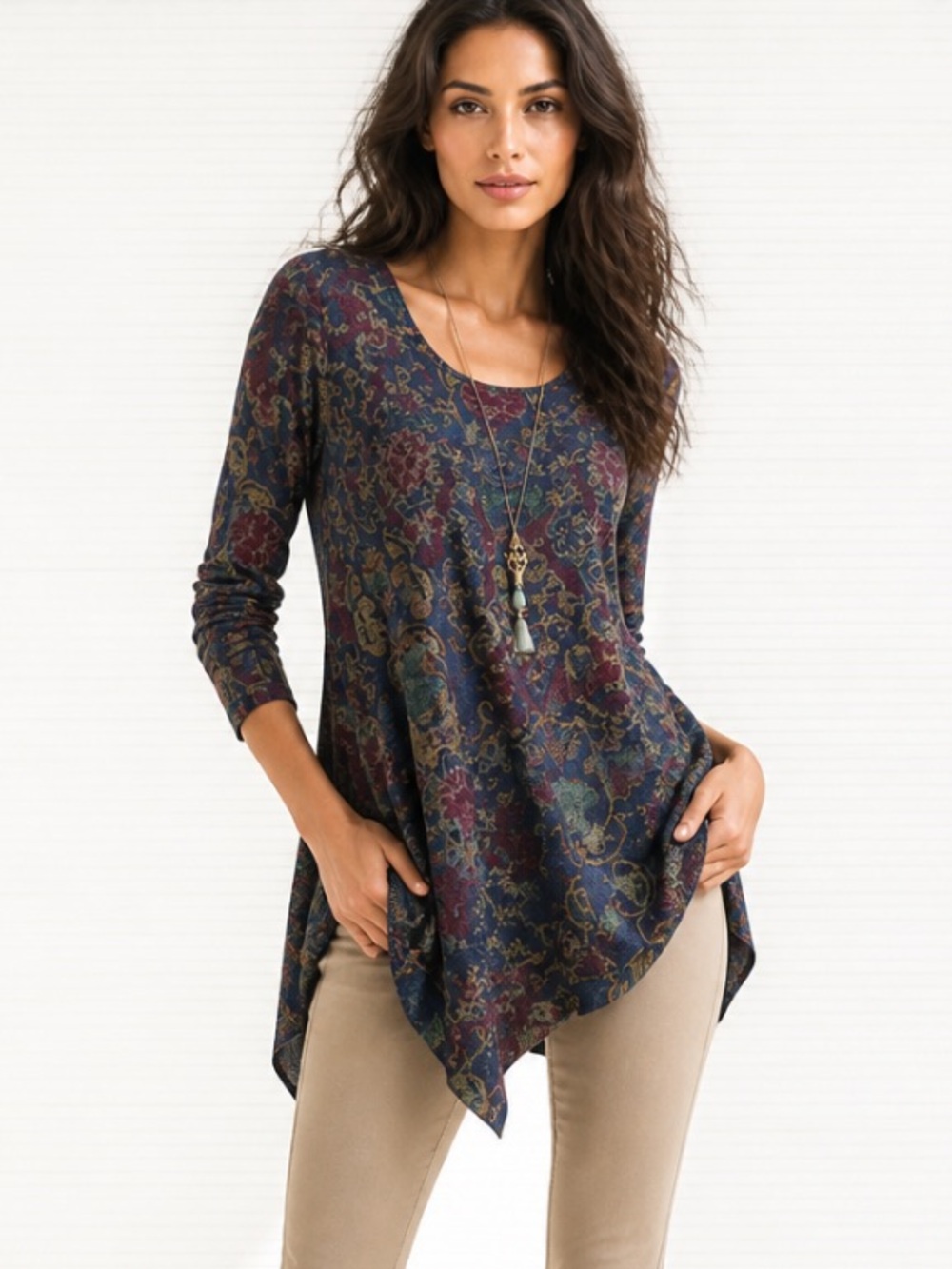 SOFT SURROUNDINGS Tunic Sweater Tapestry Blue Maroon Asymmetrical Petite XS